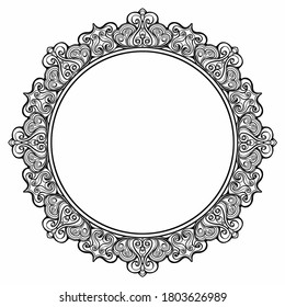 A circular Indian-style pattern with many symmetrical curls and an empty center piece. 2D illustration
