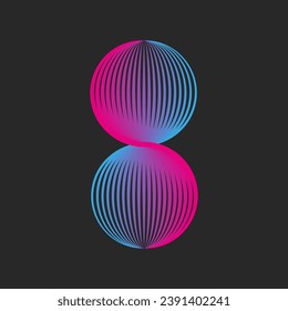 Logo de patrón de infinito circular de dos círculos cuadrícula líneas delgadas ciberpunk tecnológico en vista de 8 símbolo, ondas redondeadas gradiente rosa azul en estilo tecnológico.