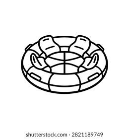 Circular inflatable water park raft icon with four padded seats and handles for family slide ride, group attraction and aquatic fun