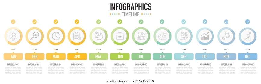 Circular infographic 12 months template with colorful label and correct icons on white background and business icons for presentation, simple and minimal style, for calendar or planner of the year