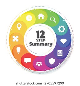 Circular infographic with 12 sections. Round diagram with white generic icons. Bright color wheel or rainbow color theme. Modern pie chart infographic for business, reports or projects.