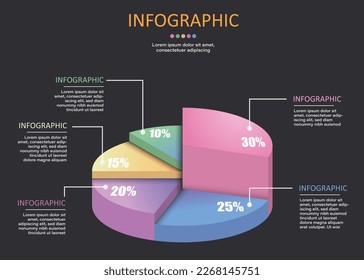 Una infografía circular con 5 secciones que muestran porcentajes de altura y porcentaje en colores hermosos colocados sobre un fondo blanco y negro. Úsalo para presentaciones de educación, negocios y finanzas.