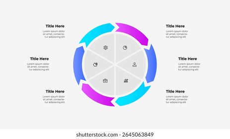 Circular infographic with 6 arrows and central icons, ideal for professional presentations, data visualization, and business strategies, enhancing clarity and effective communication.