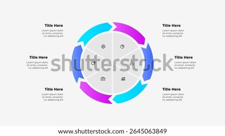 Circular infographic with 6 arrows and central icons, ideal for professional presentations, data visualization, and business strategies, enhancing clarity and effective communication.