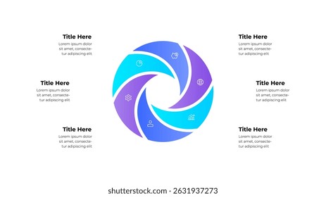 Circular infographic with 6 steps, options or processes. Includes icons representing various concepts, ideal for business, strategy, and data visualization presentations