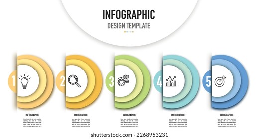 Plantilla de negocio o elemento de infografía circular como vector con capa de círculo colorido, pirámide, embudo, canalización sobre fondo blanco, sencillo, mínimo y moderno estilo, 5 proceso, opción, paso, lista