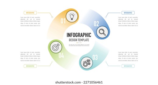 Plantilla de negocio o elemento de infografía circular como vector que incluye 4 pasos, proceso, opción, con etiqueta de círculo colorido e iconos sobre fondo blanco, para diapositiva o presentación, simple, moderno