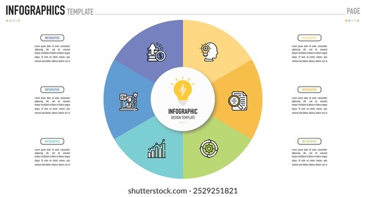 Circular infographic business template or element as a vector including 6 step, process, with colorful rectangle and icons on white background for slide or presentation, simple, modern, minimal