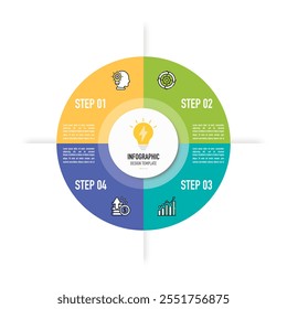 Circular infographic business template or element as a vector including 4 step, process, with colorful rectangle and icons on white background for slide or presentation, simple, modern, minimal