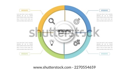 Circular infographic business template or element as a vector on white background with colorful label and icons, for slide and presentation, minimal, simple  or modern style, timeline, layer, pie