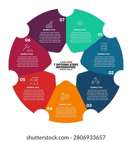 Circular infographic chart with 7 steps options for presentation templates and business reports. Vector EPS.