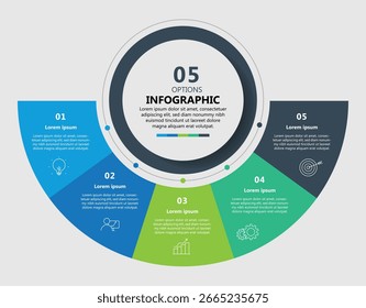 Gráfico infográfico circular com cinco segmentos coloridos mostrando opções numeradas, ícones e texto de espaço reservado para apresentação de dados e conceitos de negócios	
