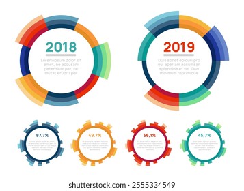 Circular infographic charts comparing data from 2018 and 2019, showcasing percentages, segmented designs, and colorful visual elements for data analysis, statistics, and business presentations