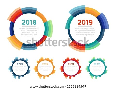 Circular infographic charts comparing data from 2018 and 2019, showcasing percentages, segmented designs, and colorful visual elements for data analysis, statistics, and business presentations