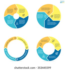 Circular infographic with colored sections. Pie charts of different shapes with arrows. Chart, diagram with 4 steps, parts, processes. Vector circle template in blue and yellow.