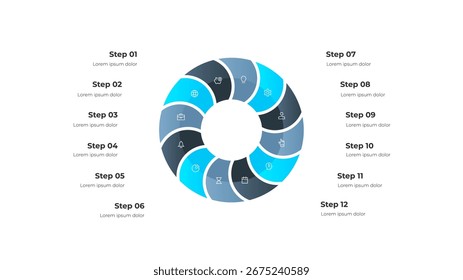 Circular infographic design displaying 12 segmented steps, ideal for representing sequential processes, workflows, or data visualization in presentations and business documentation