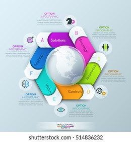 Circular infographic design layout with 6 spiral lettered elements, text boxes and globe in center. Options of global business development concept. Vector illustration for website, brochure, report.