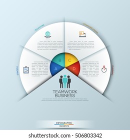 Circular infographic design template with 4 sectoral elements connected with center. Successful teamwork and project management concept. Vector illustration for website, presentation, brochure.
