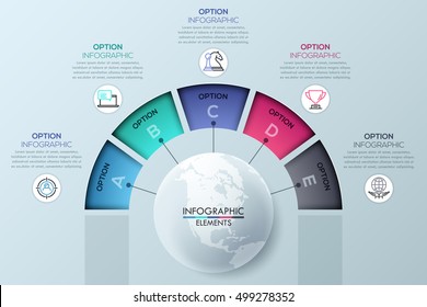 Circular infographic design template with 5 sectoral elements connected with center, options for business success. Project management concept. Vector illustration for website, presentation, brochure.