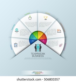 Plantilla de diseño gráfico circular con 6 elementos sectoriales relacionados con el centro. Medidas para el éxito y el concepto de gestión de proyectos. Ilustración vectorial para sitio web, presentación, informe, folleto.