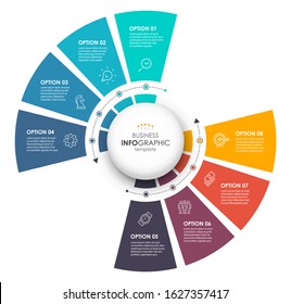 Circular Infographic design template with icons and 8 options or steps. Business concept.  Can be used for process diagram, presentations, workflow layout, banner, flow chart, info graph.