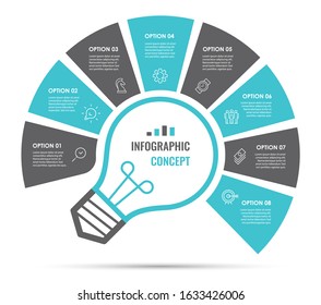 Circular Infographic design template with icons and 8 options or steps.  Can be used for process diagram, presentations, workflow layout, banner, flow chart, info graph.