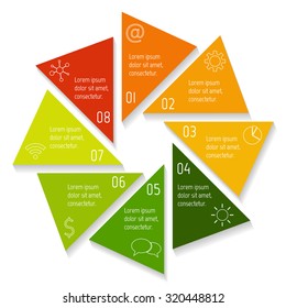 Circular infographic design template. Round banner with 8 triangle options. Number banners template for diagram, graph, presentation or chart. Business concept sequence banners. EPS10 layout.
