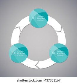 Circular infographic diagram with 3 options. Isolated paper sequence banner for tutorial. EPS10 glossy progress steps template. Blue color.