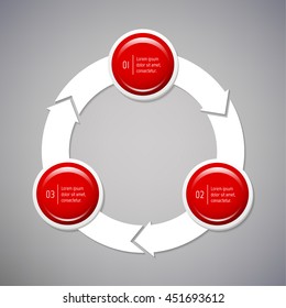 Circular infographic diagram with 3 options. Isolated paper sequence banner for tutorial. EPS10 glossy progress steps template. Red color.