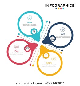 Diagrama infográfico circular com 4 etapas, opções, partes ou processos. Modelo de visualização de dados corporativos com ícones. Adequado para fluxo de trabalho, planejamento, criação, compartilhamento e conceito de pensamento.