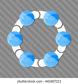 Circular infographic diagram with 6 glossy round parts and arrows. Isolated template of sequence banner. Blue color. EPS10.