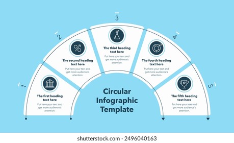 Diagrama de infografía circular dividido en cinco etapas - versión azul. Diseño plano con iconos minimalistas y lugar para tus textos.