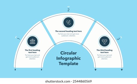 Circular infographic diagram divided into three stages - blue version. Flat design with minimalistic icons and place for your texts.