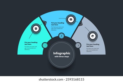 Circular infographic diagram divided into three steps - dark version. Flat design with minimalistic icons and place for your texts.