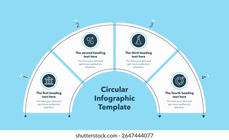 Circular infographic diagram divided into four stages - blue version. Flat design with minimalistic icons and place for your texts.