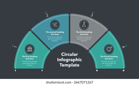Diagrama infográfico circular dividido em quatro etapas - versão escura. Design plano com ícones minimalistas e lugar para seus textos.