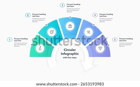 Circular infographic diagram divided into five options or steps. Flat modern design with minimalistic icons and place for your texts.