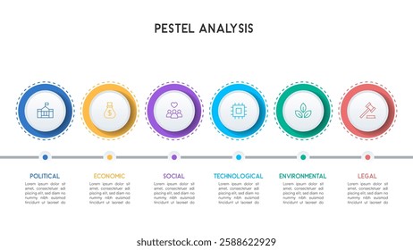 A circular infographic with distinct icons representing each of the six PESTEL analysis factors Vector Illustration