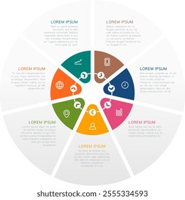 Circular infographic is divided into eight sections, each featuring an icon and a text description, providing a visual representation of various data points or concepts