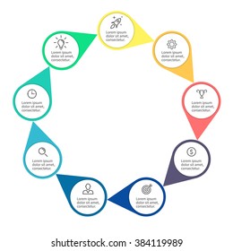 Circular infographic element with arrows. Business chart, graph, diagram with 9 steps, options, parts, processes. Vector template for presentation.