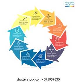 Circular infographic element. Business chart, graph, diagram with 10 steps, options, parts, processes with arrows. Vector template for presentation.