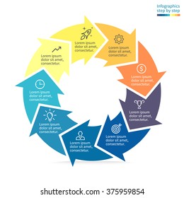 Circular infographic element. Business chart, graph, diagram with 9 steps, options, parts, processes with arrows. Vector template for presentation.