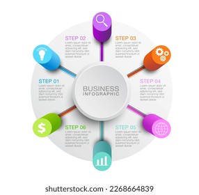 Circular infographic element for business workflow presentation with 6 step icons on business timeline.