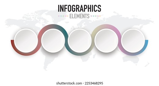 Plantilla de elemento infográfico para empresas, presentación educativa con forma de 5 pasos o círculos en el fondo del mapa mundial y línea de curva o onda colorida