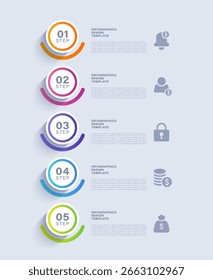 Circular infographic elements arranged vertically. Five steps infographic layout with icons and space for data.