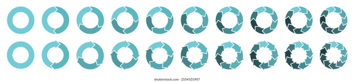 Circular infographic elements and pie charts vector icon set in blue color. Set of round infographics. Rotation arrows in circular motion. Flat style. Vector illustration.