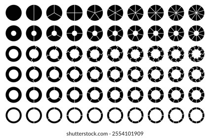 Circular infographic elements and pie charts vector icon set in black color. Set of round infographics. Rotation arrows in circular motion. Vector illustration.