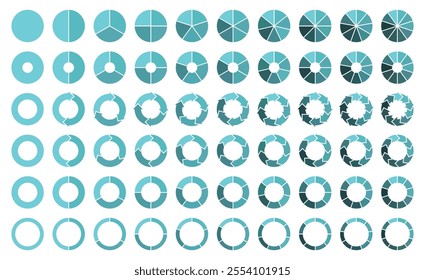 Circular infographic elements and pie charts vector icon set in blue color. Set of round infographics. Rotation arrows in circular motion. Vector illustration.