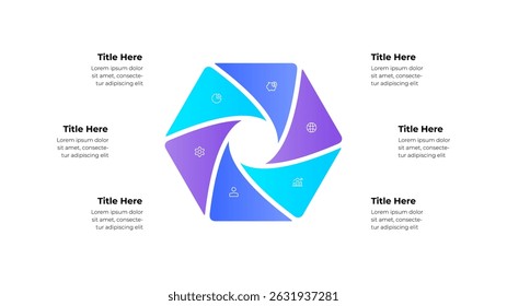 Circular infographic featuring six segments, each with icons and text placeholders. Excellent for presenting concepts, processes, or data visually