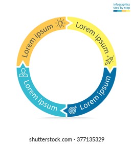 Circular infographic. Flat thin chart, graph, diagram with 4 steps, options, parts, processes with inner arrows. Vector business template in blue and yellow for presentation.